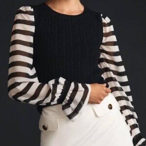 Maeve Anthropologie Black Sweater with Striped Black and White Sleeves.  NWT